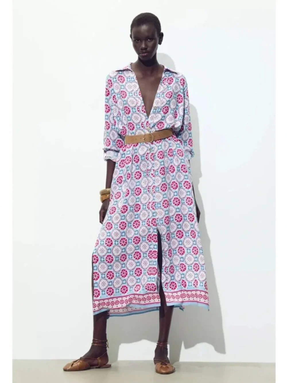 Zara Printed Belted Midi Dress
